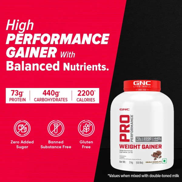 GNC Pro Performance Weight Gainer | Whey Protein | Healthy Body Gains | Reduces Muscle Breakdown | Boosts Metabolism | Formulated In USA | 73g Protein | 440g Carbs | 2200 Cal - Double Chocolate (3 kg)