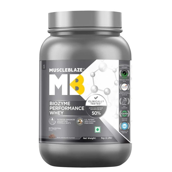 MuscleBlaze Biozyme Performance Whey, 1 kg (2.2 lb), Rich Chocolate
